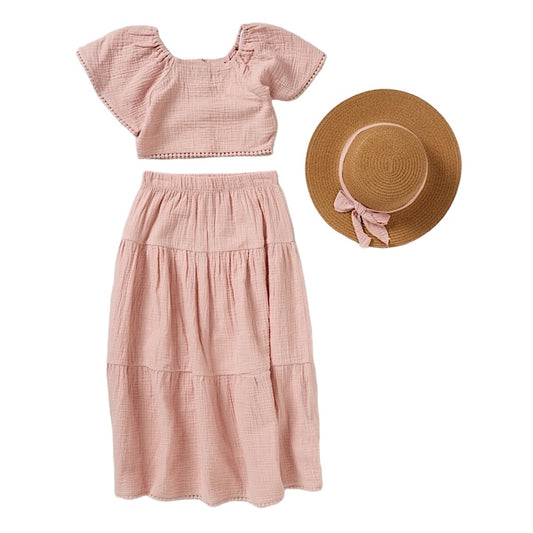 Dusky Pink Linen Crop Top Set With Hat